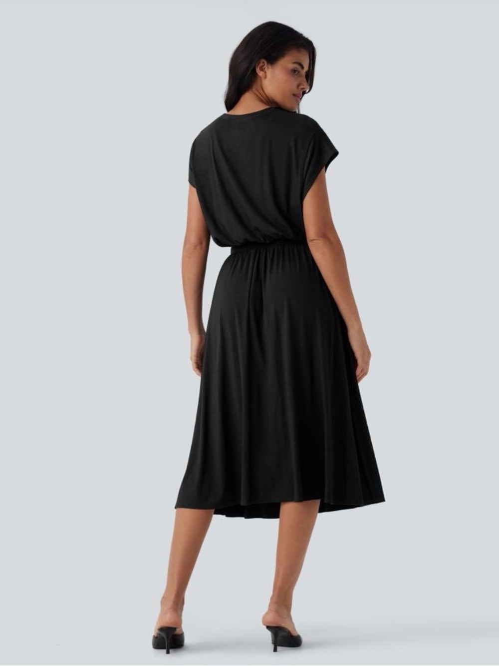 Halara Tummy Control Batwing Sleeve Flowy Midi Work Dress Pockets Black M - Picture 2 of 7